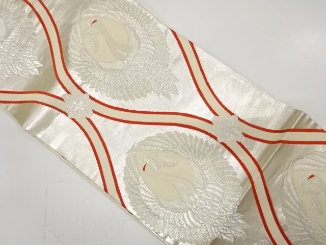 アンティーク　立涌に鶴模様織り出し袋帯（着用可）